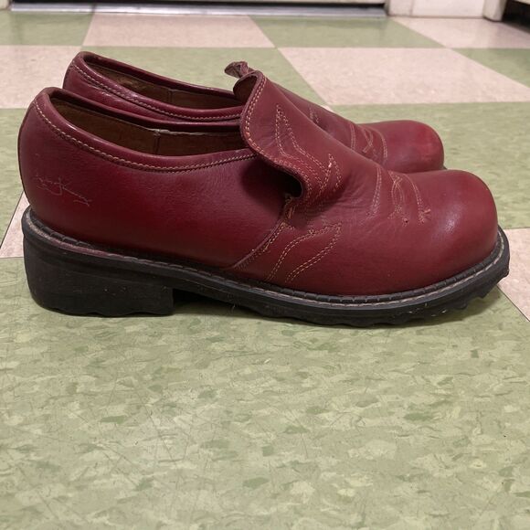 John Fluevog Shoes Red Leather Chunky Platform Grunge 10 Slip On - Picture 1 of 12